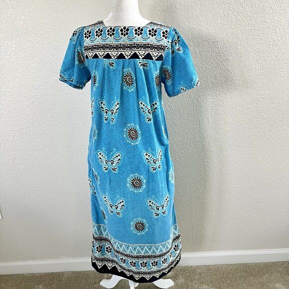 Vintage Loungees Small Blue Butterfly Mumu House Sleep Dress Kaftan Pockets - Picture 8 of 14